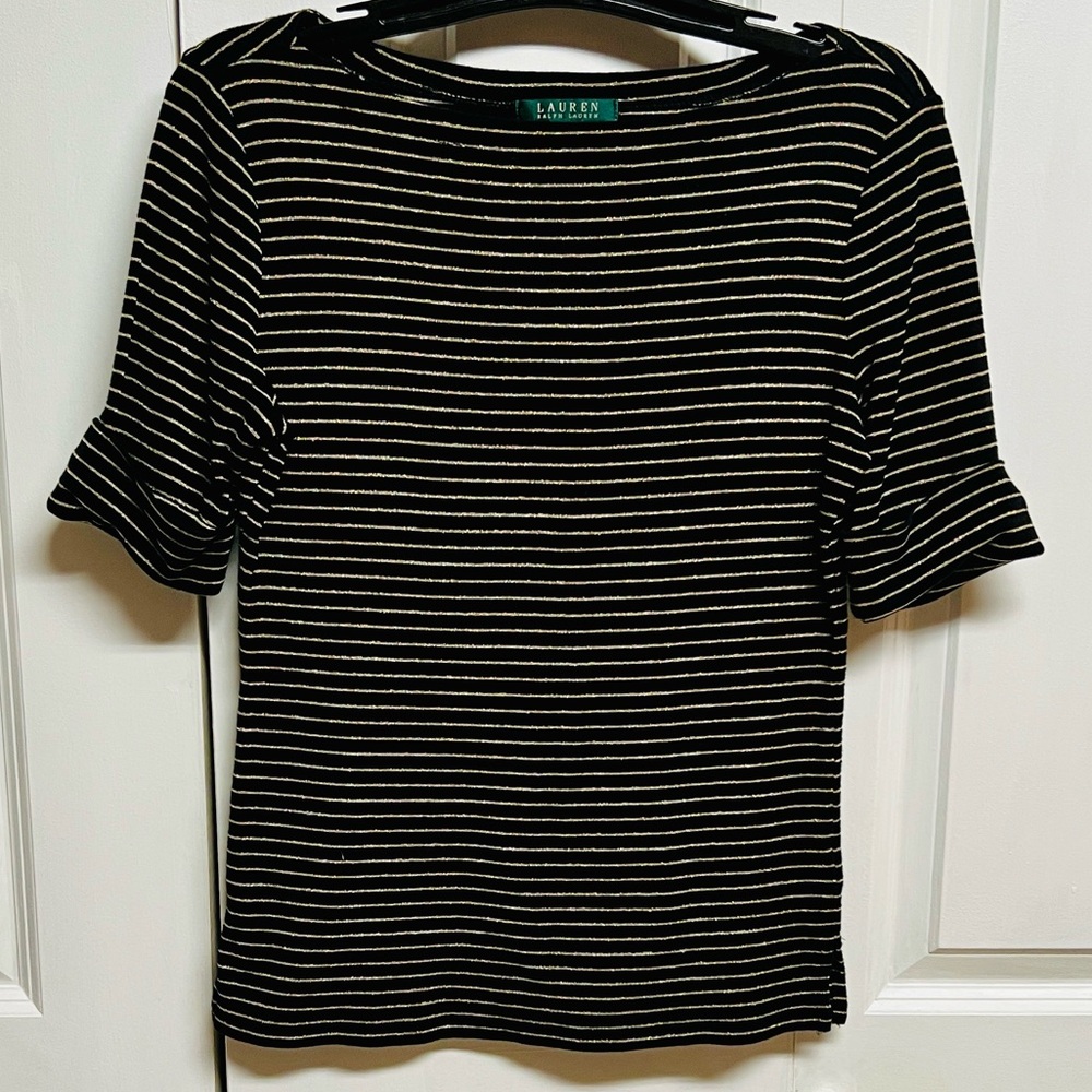 Lauren Ralph Lauren Black and White Striped Short Sleeve Knit Top Size M